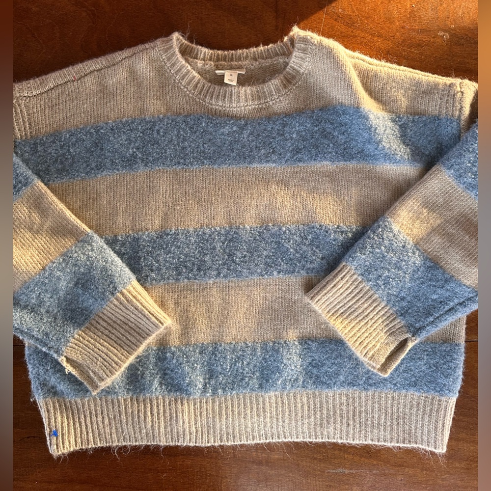 a.n.a. Cozy Tan & Blue Striped Sweater XL | Soft Textured Wool Blend Knit